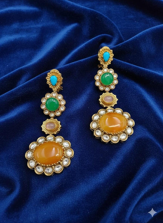 Multicolor Kundan Statement doublet Earrings | Antique Gold Polki Dangler Jewelry | Indian Bridal & Festive Ethnic Earrings