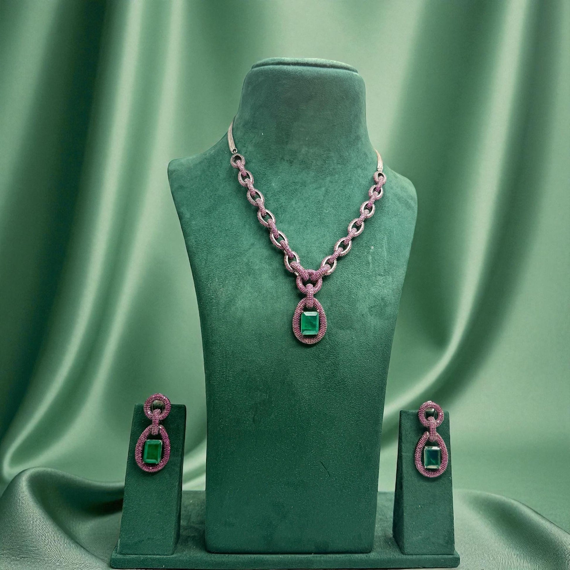 Emerald & Pink Sapphire Necklace with Earring Set - Silver Tone