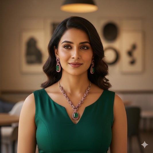 Emerald & Pink Sapphire Necklace with Earring Set - Silver Tone