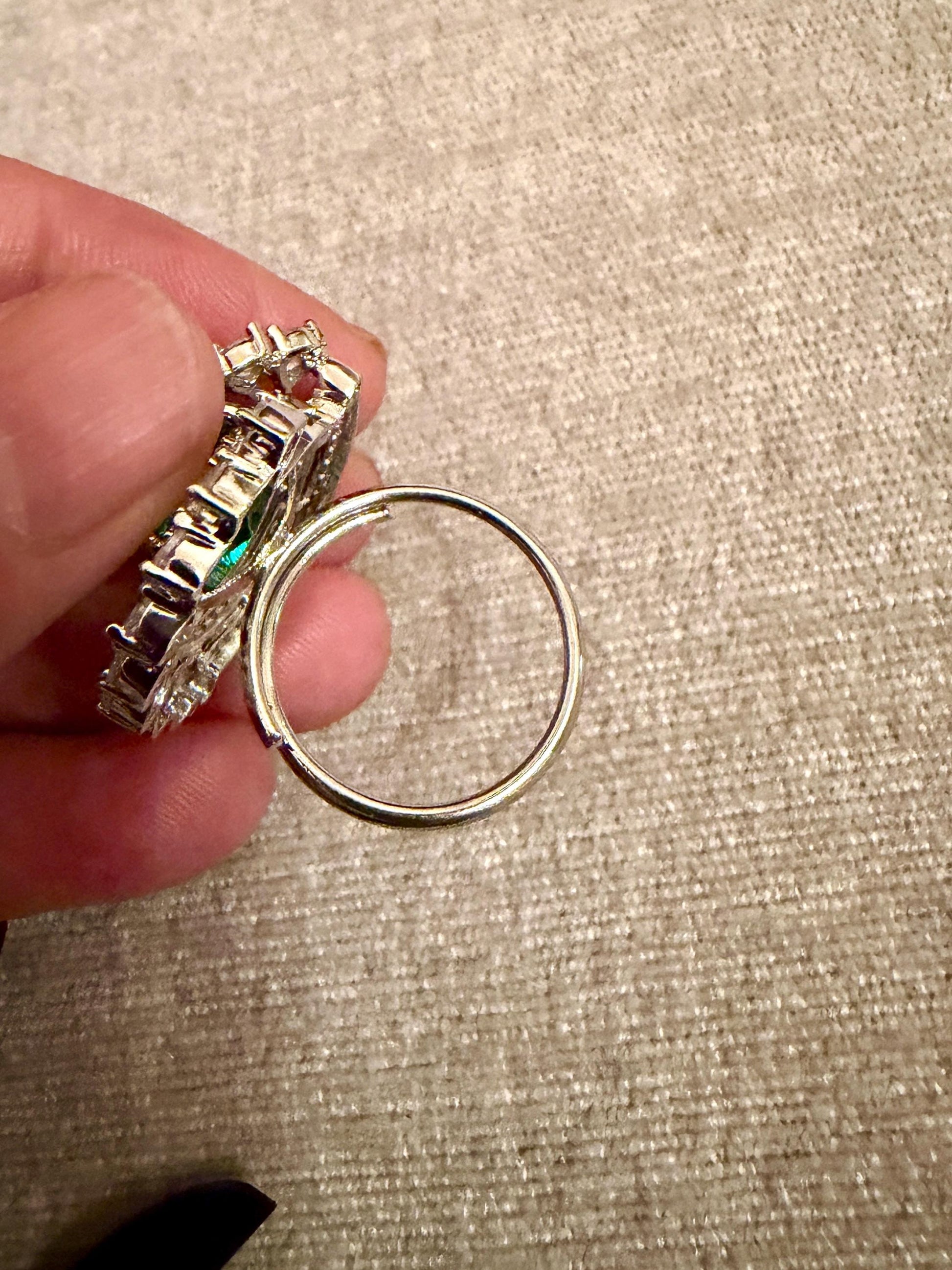 Maha rani silver plated cubic zarconia bold ring green emerald stone