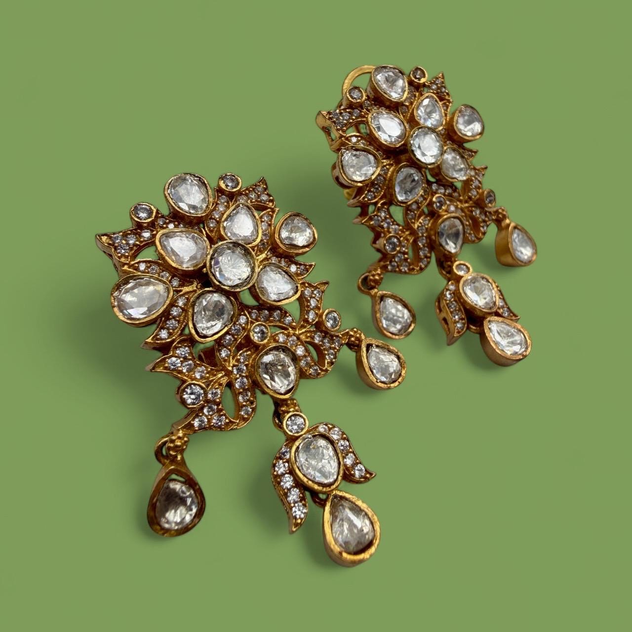 Bollywood Indian Designer monzonite medium length statement earrings gold finish,Victorian,Ad stones
