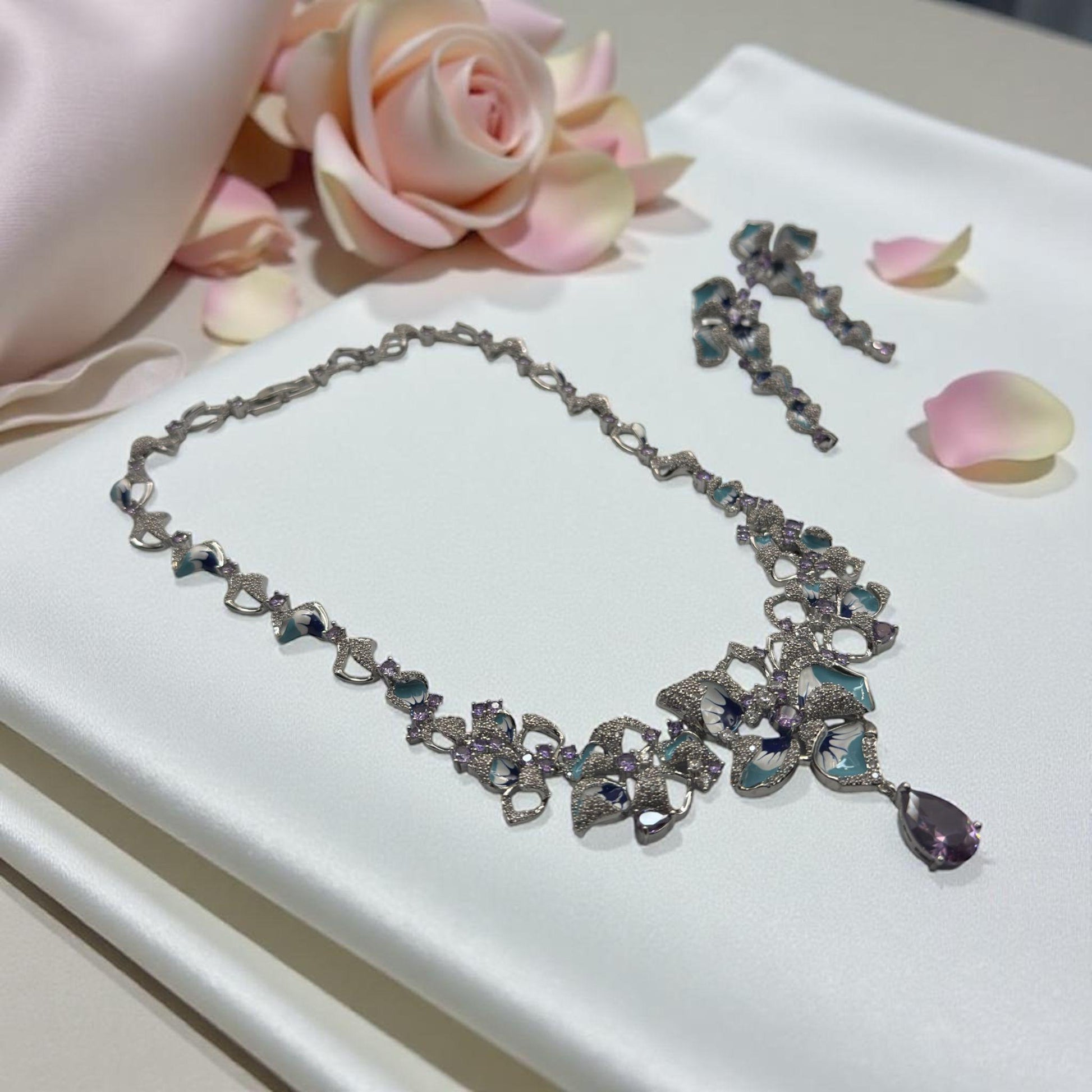 Enameled Designer Inspired Necklace Set in Amethyst & Cubic Zirconia
