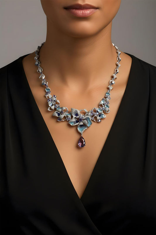 Enameled Designer Inspired Necklace Set in Amethyst & Cubic Zirconia