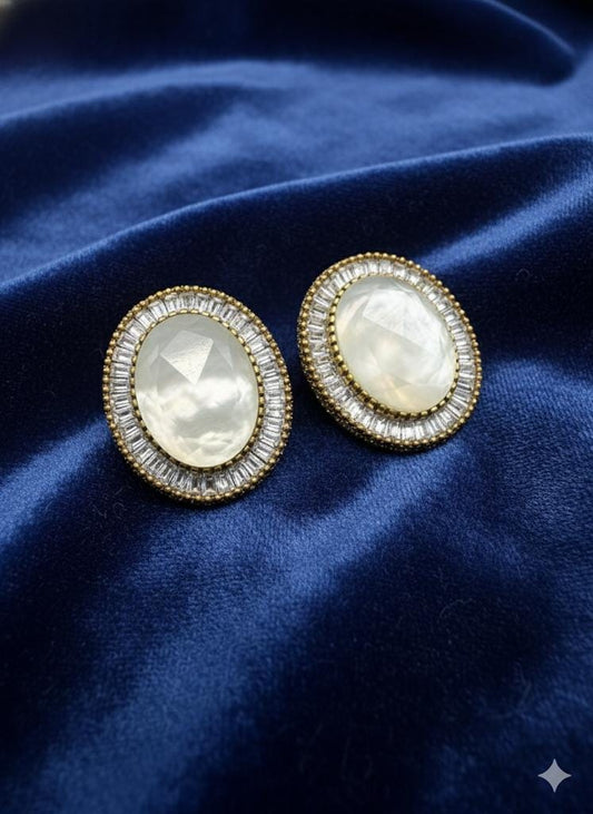 Elegant Oval White Crystal Stud Earrings | Gold Plated Luxury Statement Earrings | Minimal Bridal & Party Jewelry