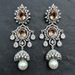 CZ Champagne Crystal Pearl Bridal Earrings | Silver Dangler Jewelry