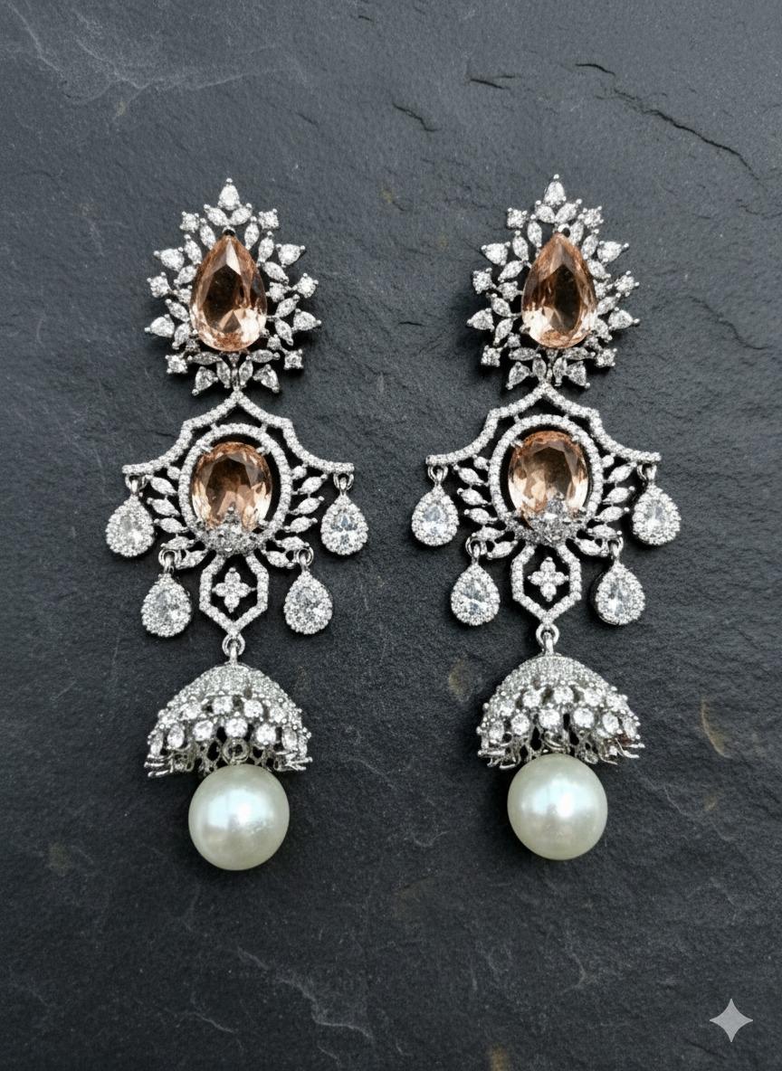 CZ Champagne Crystal Pearl Bridal Earrings | Silver Dangler Jewelry