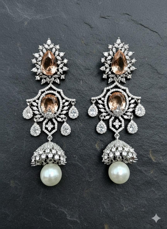 CZ Champagne Crystal Pearl Bridal Earrings | Silver Dangler Jewelry