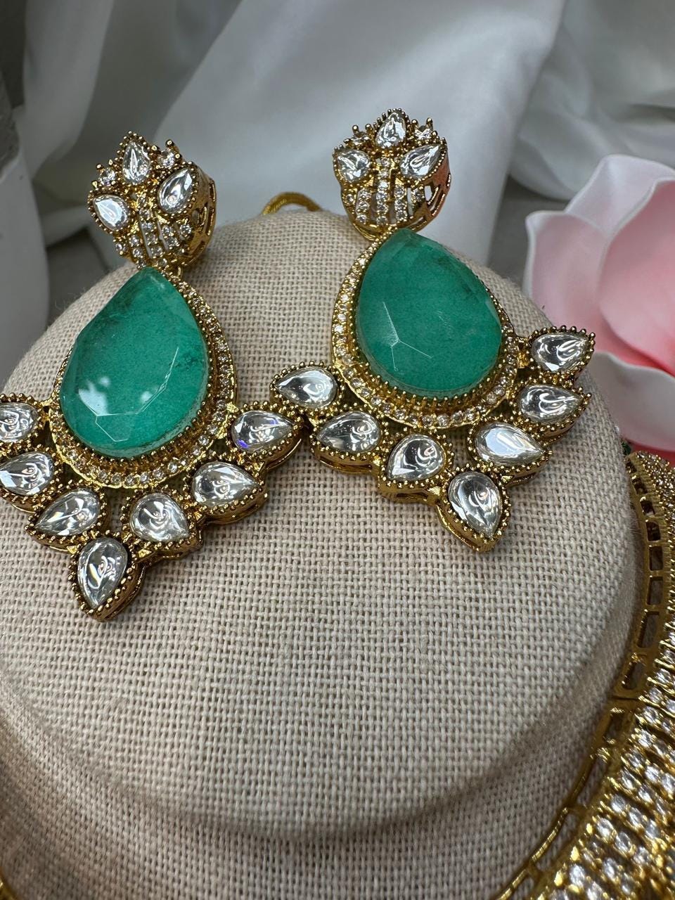 Mint and polki Kundan Necklace Set - Traditional Indian Jewelry