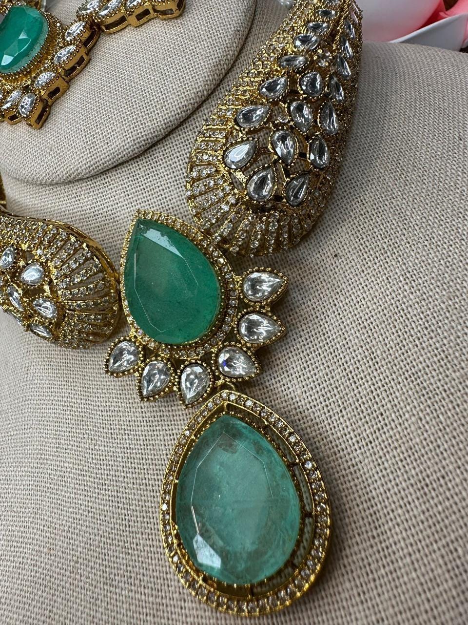 Mint and polki Kundan Necklace Set - Traditional Indian Jewelry