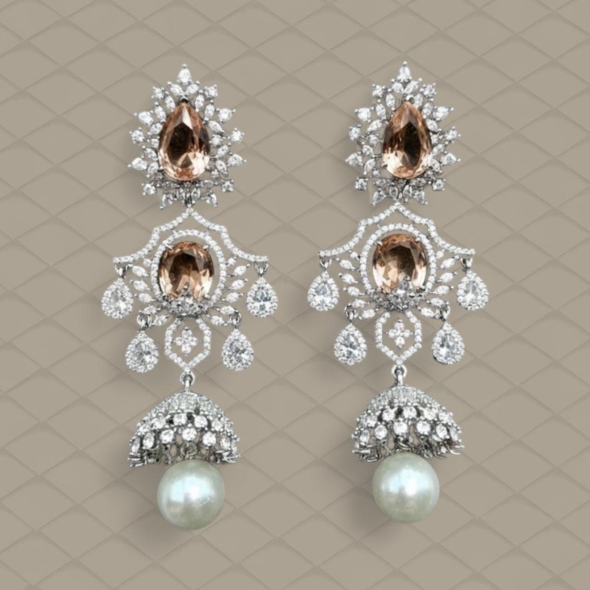 CZ Champagne Crystal Pearl Bridal Earrings | Silver Dangler Jewelry