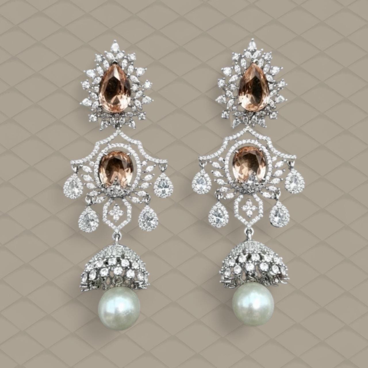 CZ Champagne Crystal Pearl Bridal Earrings | Silver Dangler Jewelry