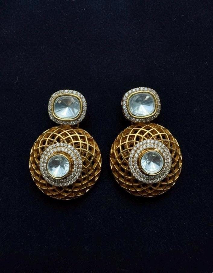 Gold Lattice Statement Earrings | CZ Crystal, Bridal Jewelry