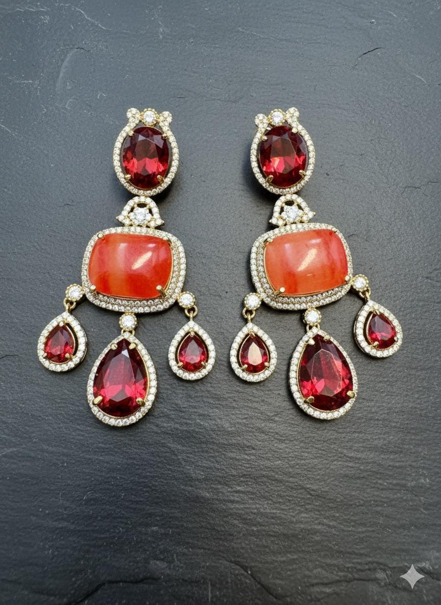 Ruby Statement Earrings | Gold Plated CZ Dangler Jewelry | Bridal & Partywear Drop Earrings | Luxury Designer Wedding Jewelry
