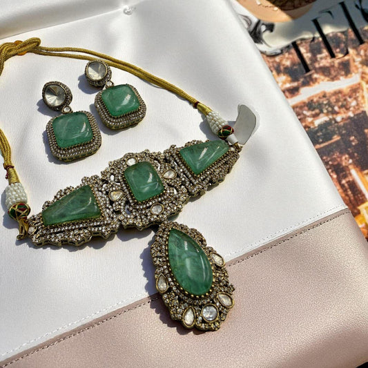 Mint Stone Choker Set, Gold-Toned Traditional Necklace and Earrings