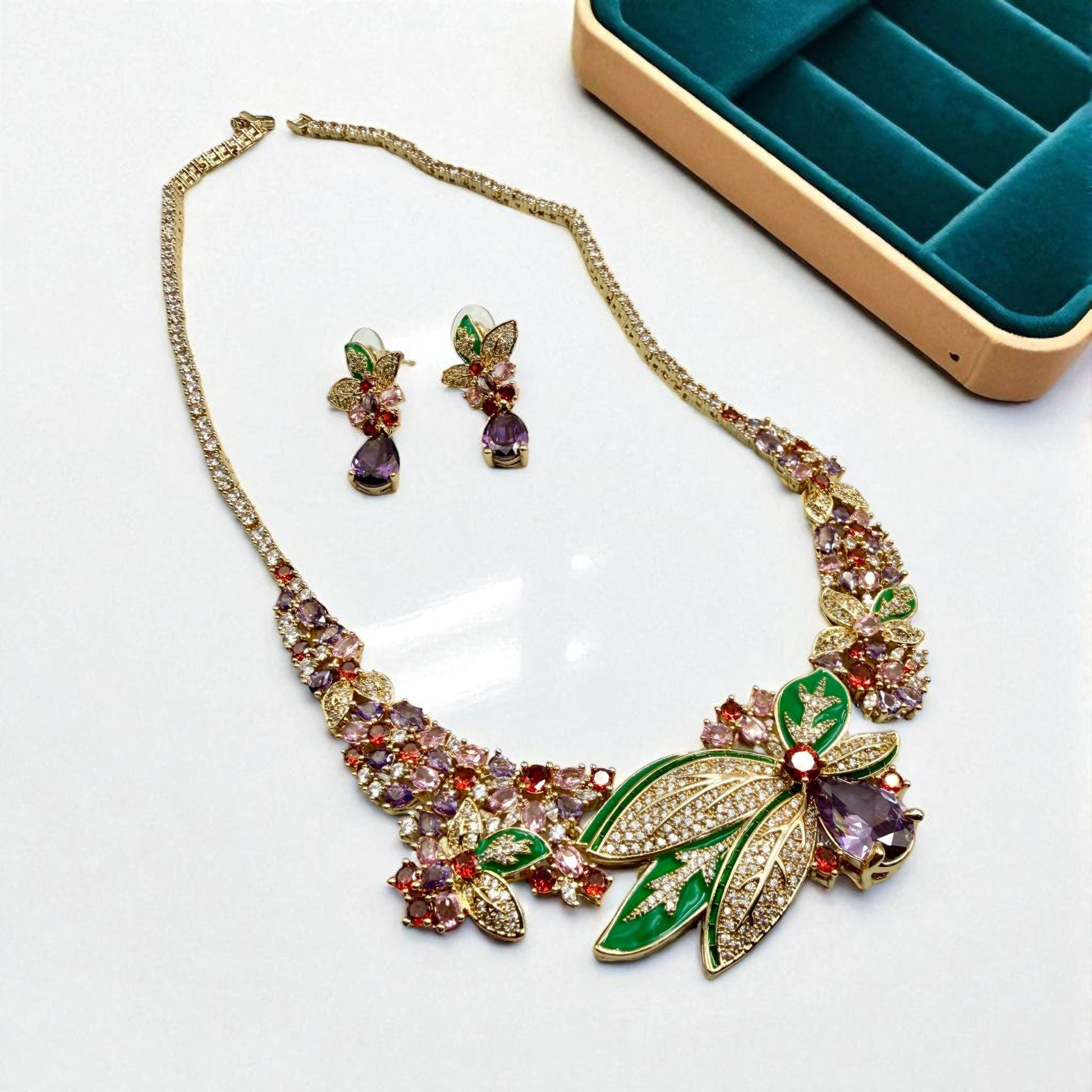 Designer Floral Necklace Set – Sapphire, AD Stones, Green Enamel