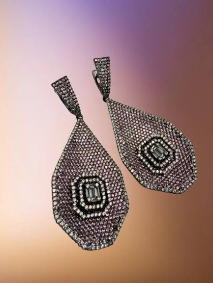 Stunning Multi-Color Cz stones micro ad Teardrop Earrings with Geometric Accent - Elegant Statement Jewelry