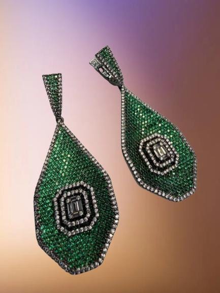Stunning Multi-Color Cz stones micro ad  Teardrop Earrings with Geometric Accent - Elegant Statement Jewelry