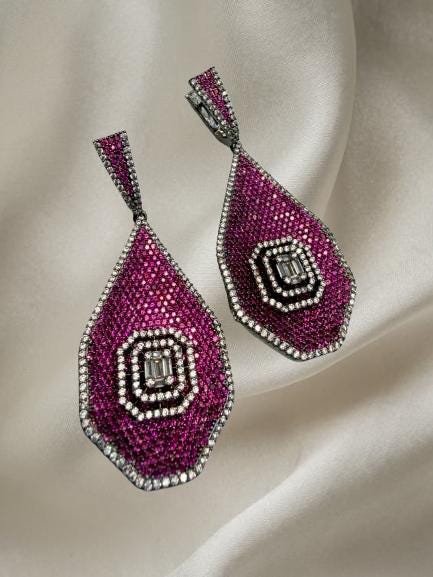 Stunning Multi-Color Cz stones micro ad Teardrop Earrings with Geometric Accent - Elegant Statement Jewelry