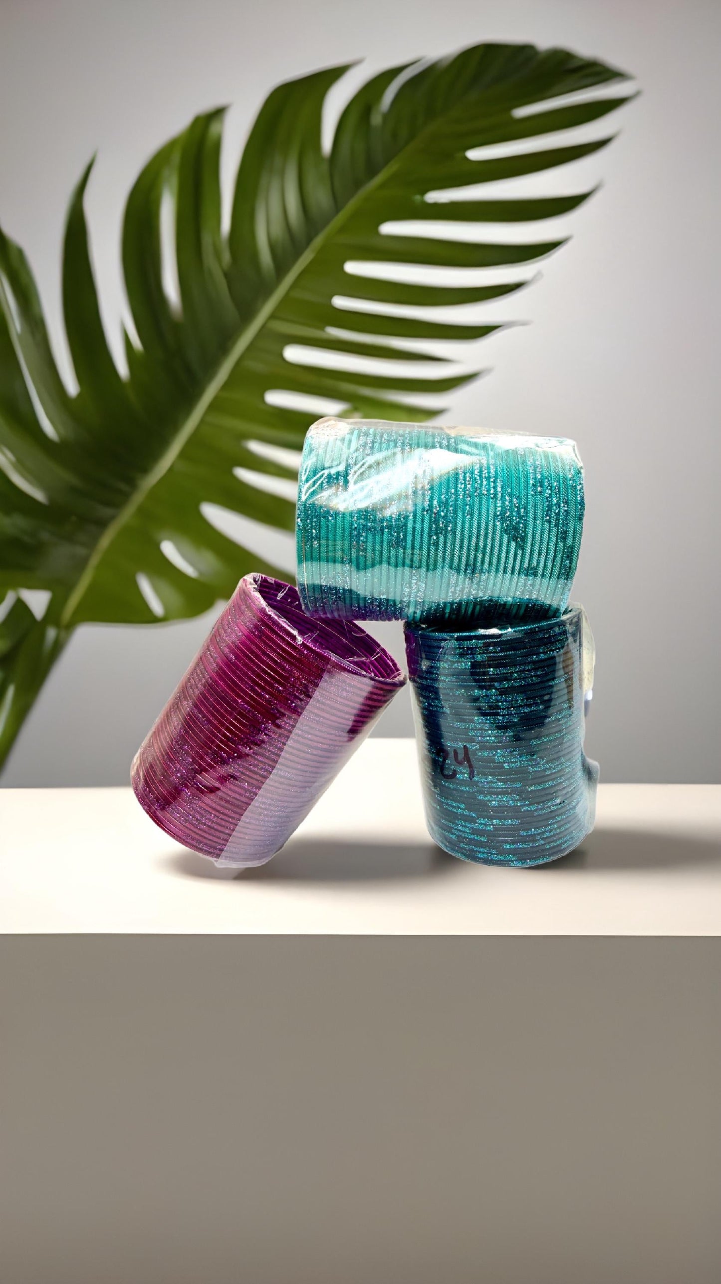 Glittery Churiyan metal Bangle Set - Pink, Teal & Blue - Indian Fashion Jewellery
