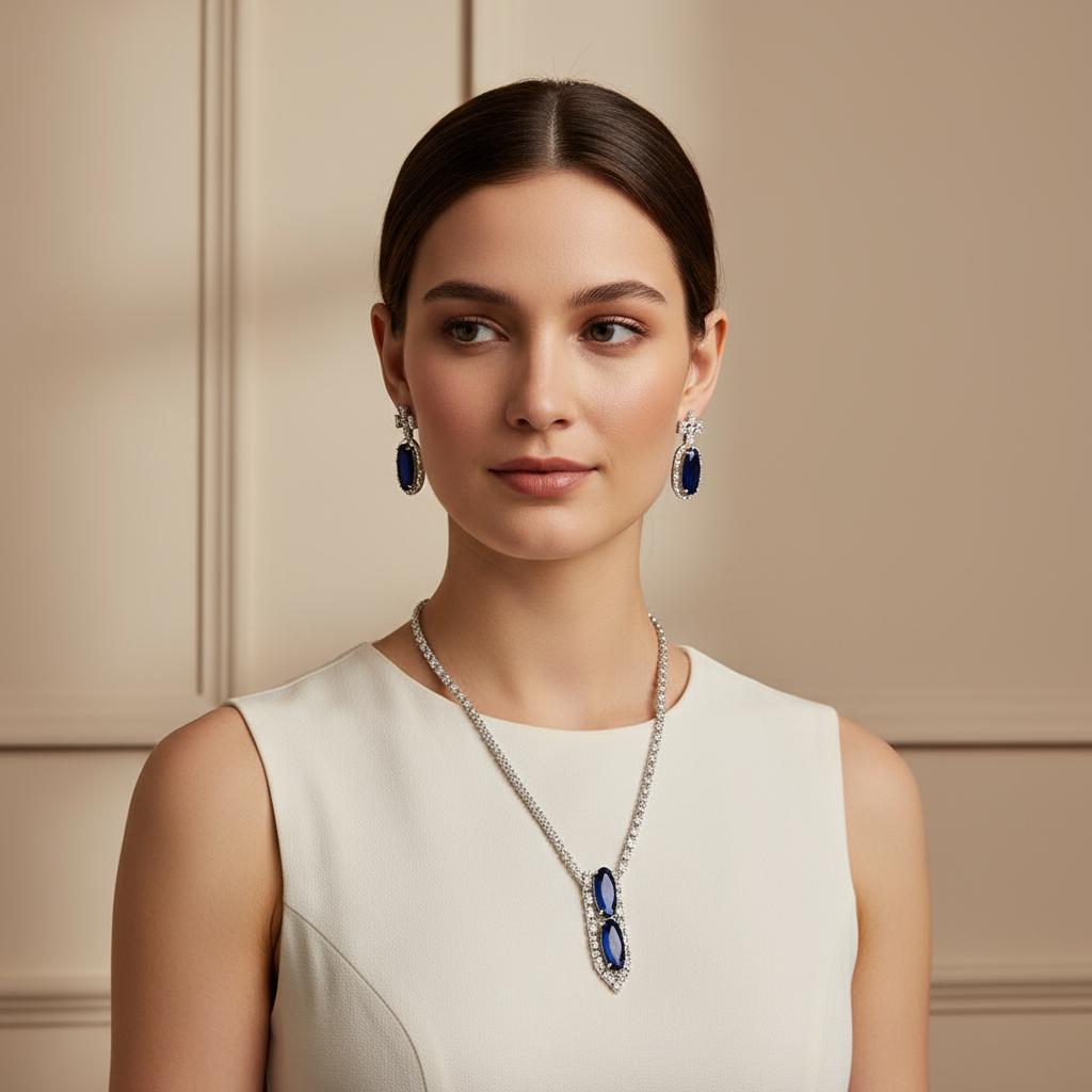 Bollywood Sapphire Blue CZ Rhodium Necklace Set, Indian Wedding Jewelry