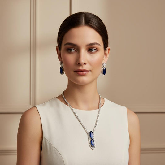 Bollywood Sapphire Blue CZ Rhodium Necklace Set, Indian Wedding Jewelry