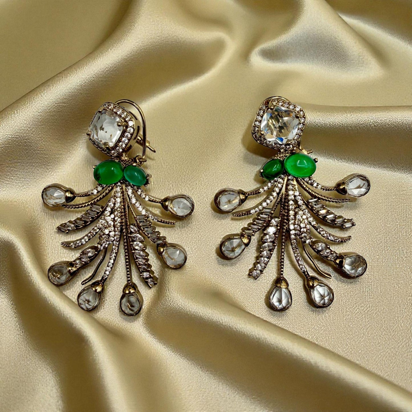 Emerald Green Crystal Drop Earrings | Antique Gold Dangle Jewelry