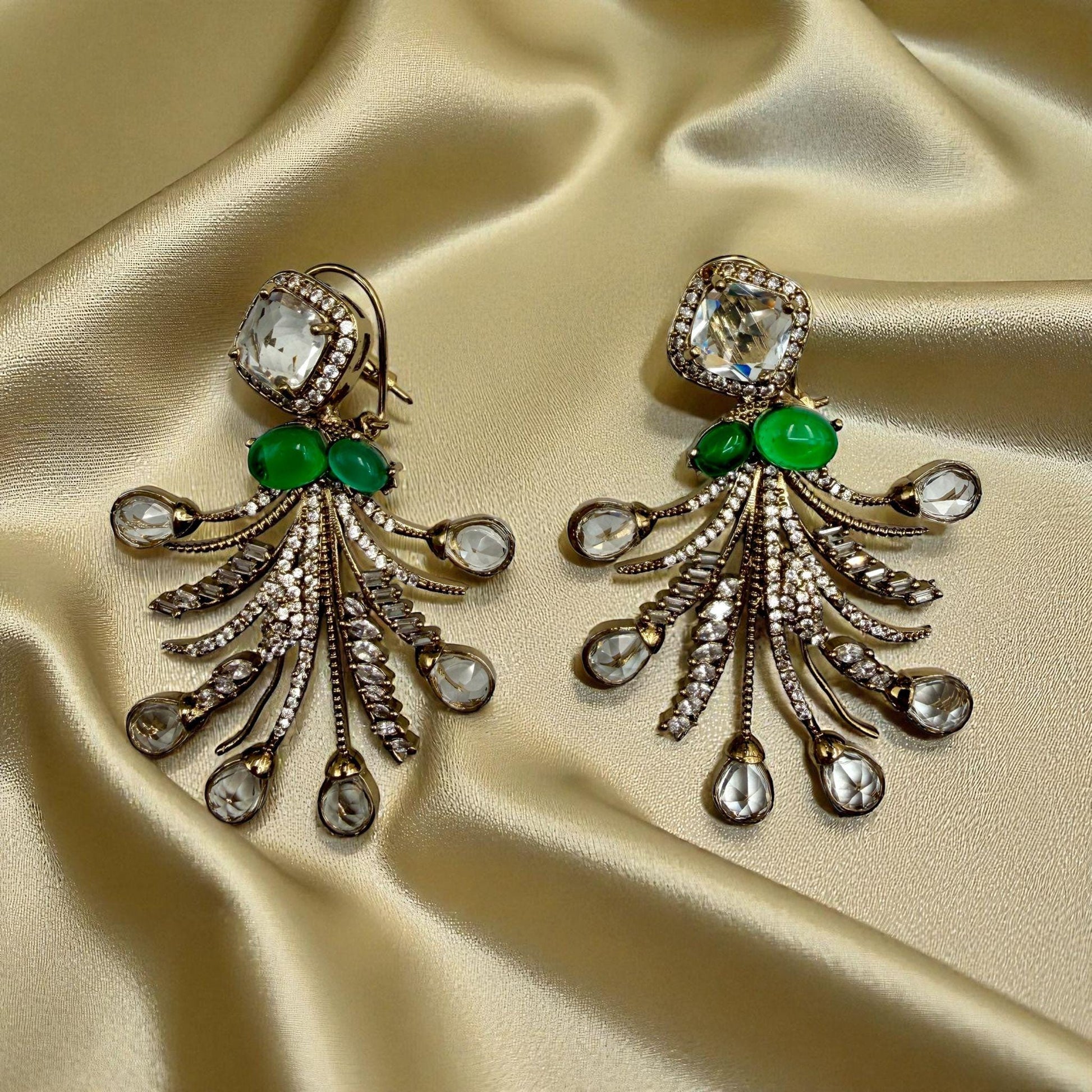 Emerald Green Crystal Drop Earrings | Antique Gold Dangle Jewelry