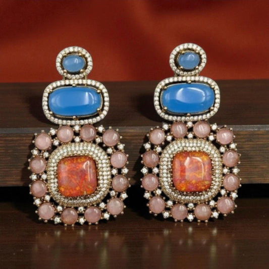 Statement Earrings | Blue Chalcedony & Peach Stone Designer Earrings | Luxury Handmade Bridal Jewelry | Gift for Her