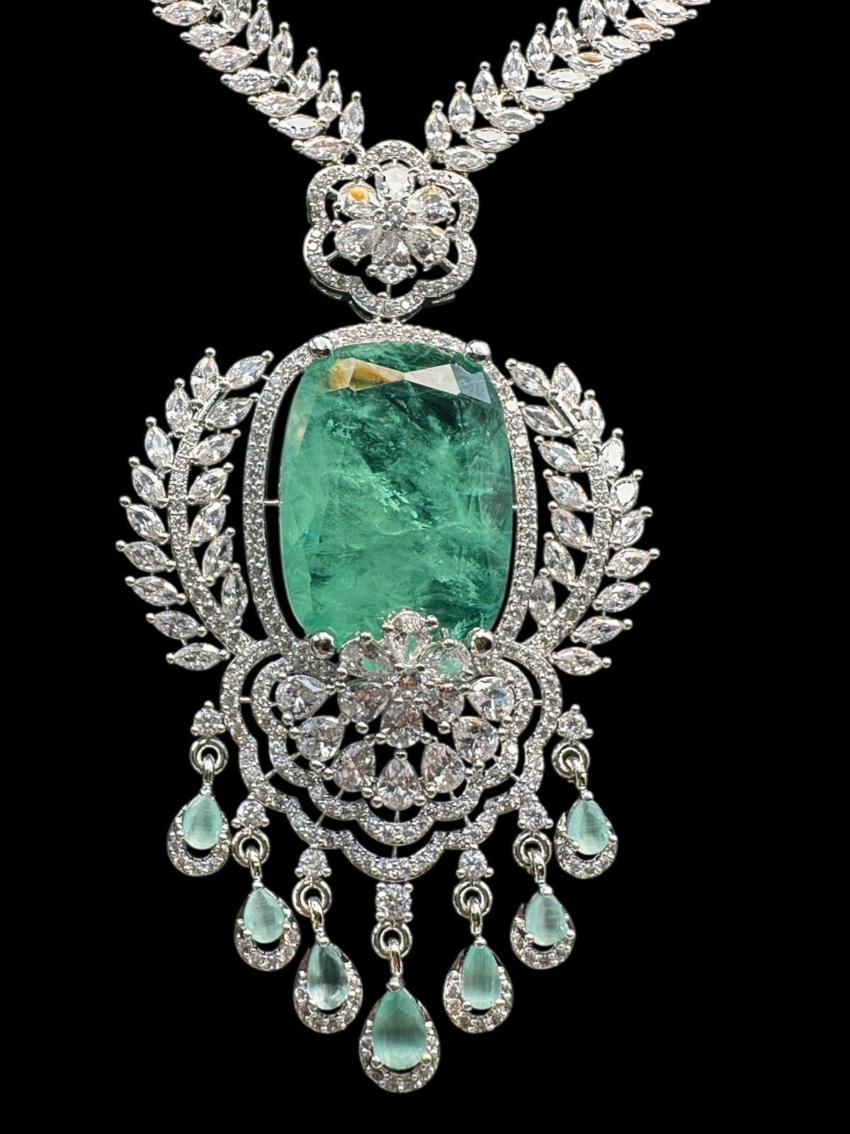 Luxury Emerald Green Necklace Set | rhodium Plated Bridal Jewelry with Earrings | High-End Designer Statement Set | Wedding & Party Jewelry