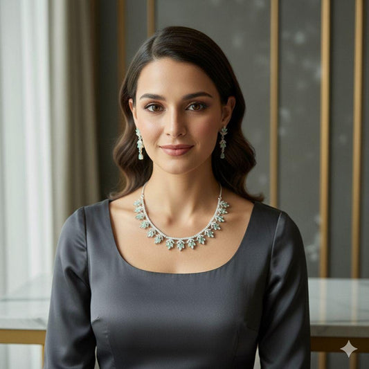 Mint Green Crystal Necklace Set | Silver-Plated Bridal Jewelry with Earrings | Elegant Wedding Party Necklace | Handmade Luxury Jewelry
