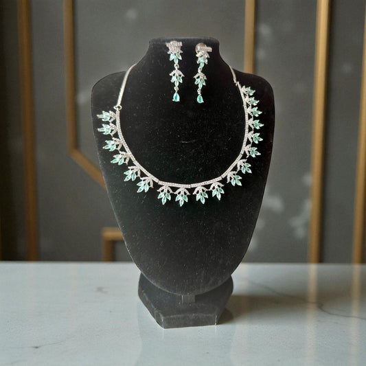 Mint Green Crystal Necklace Set | Silver-Plated Bridal Jewelry with Earrings | Elegant Wedding Party Necklace | Handmade Luxury Jewelry