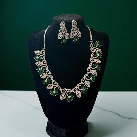 Emerald Green ad Cz Necklace earrings Set | Silver rhodium finish Bridal Jewelry with Earrings | Leaf Design Statement  | Wedding,Gift.