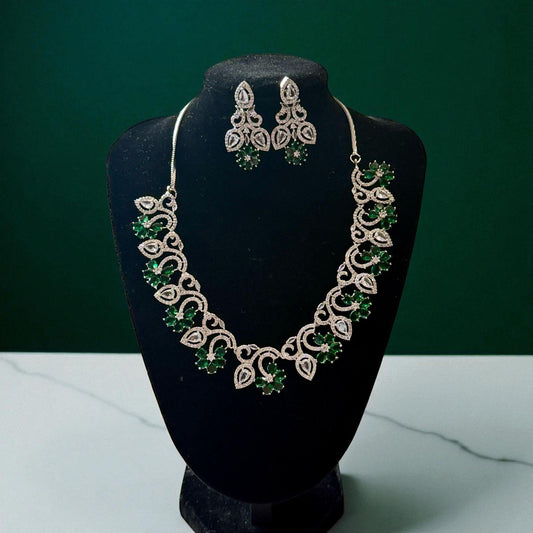 Emerald Green ad Cz Necklace earrings Set | Silver rhodium finish Bridal Jewelry with Earrings | Leaf Design Statement | Wedding,Gift.