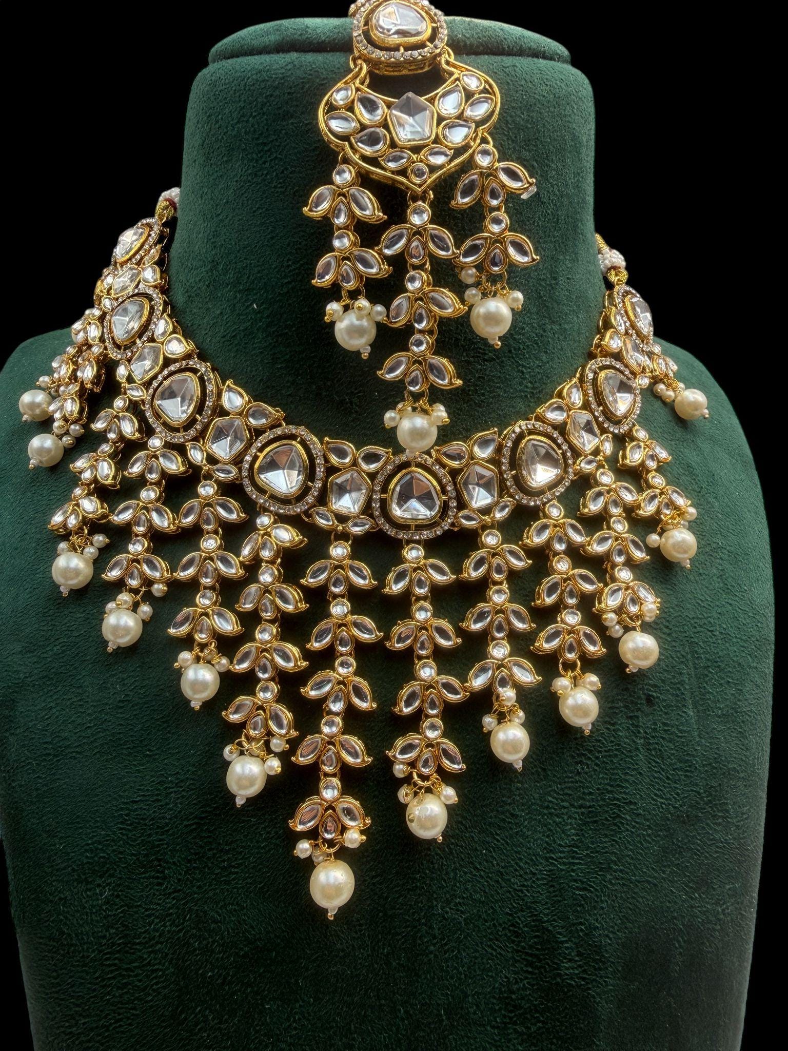 Kundan Necklace Set with Pearls | Indian Wedding Jewelry | Gold plated Choker with Earrings & Maang Tikka | Traditional Polki Jewelry