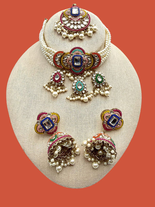 Multicolor Kundan Pearl Bridal Choker Set | Indian Wedding Jewelry with Maang Tikka & Jhumka Earrings | Gold-Plated Polki Necklace Set