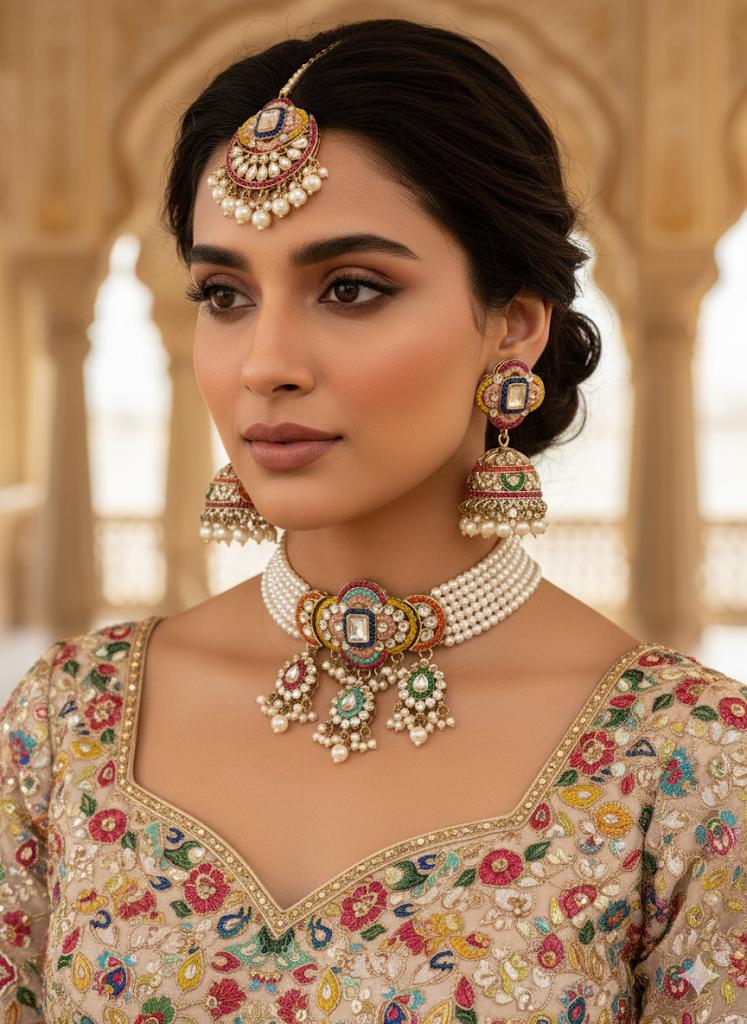 Multicolor Kundan Pearl Bridal Choker Set | Indian Wedding Jewelry with Maang Tikka & Jhumka Earrings | Gold-Plated Polki Necklace Set