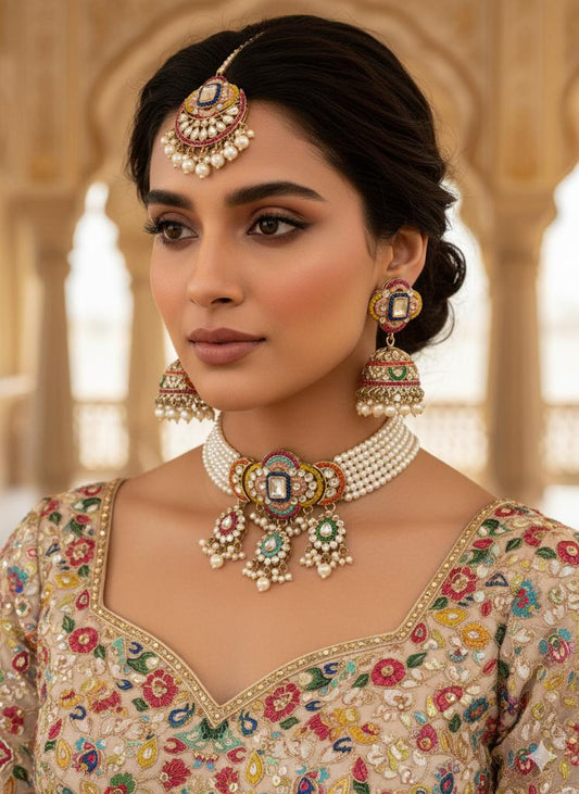 Multicolor Kundan Pearl Bridal Choker Set | Indian Wedding Jewelry with Maang Tikka & Jhumka Earrings | Gold-Plated Polki Necklace Set