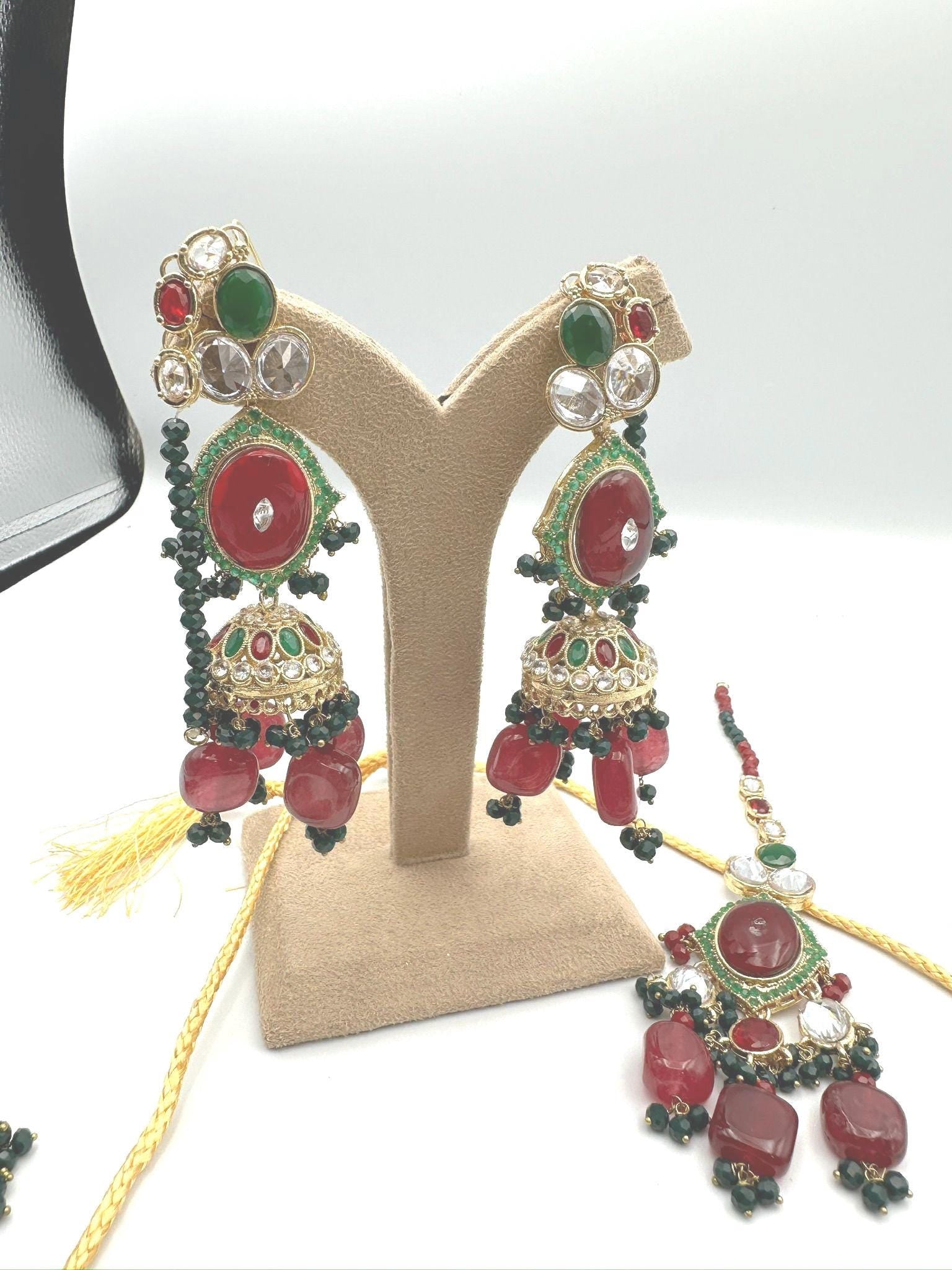 Exquisite Red and Green Kundan Necklace Set with Earrings - Traditional Indian Bridal Jewelry