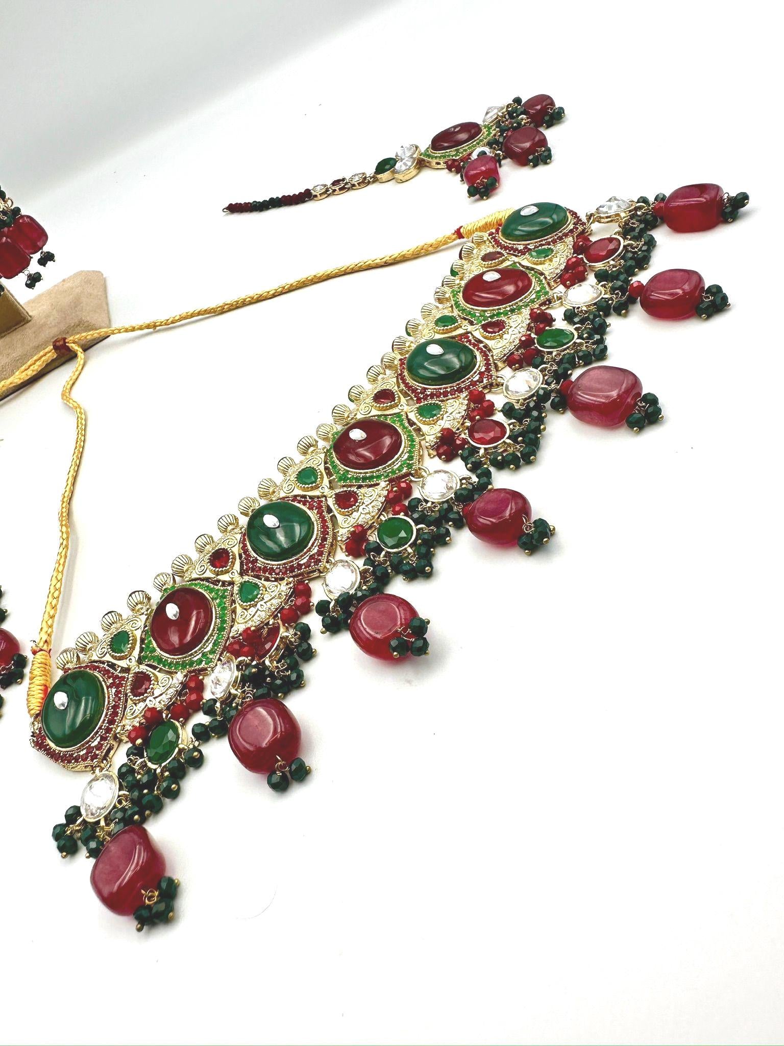 Exquisite Red and Green Kundan Necklace Set with Earrings - Traditional Indian Bridal Jewelry