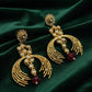 Gold Kundan Jhumka Earrings with CZ & Red Bead