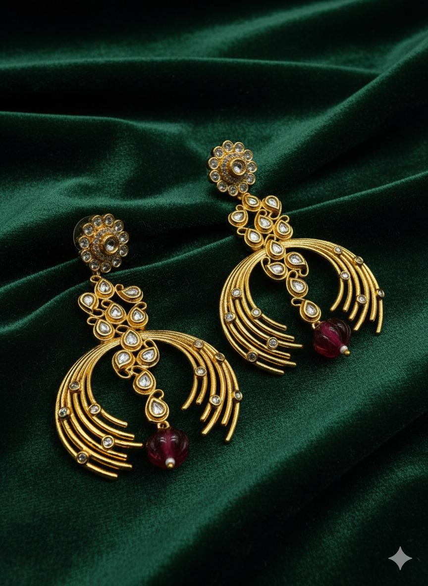 Gold Kundan Jhumka Earrings with CZ & Red Bead