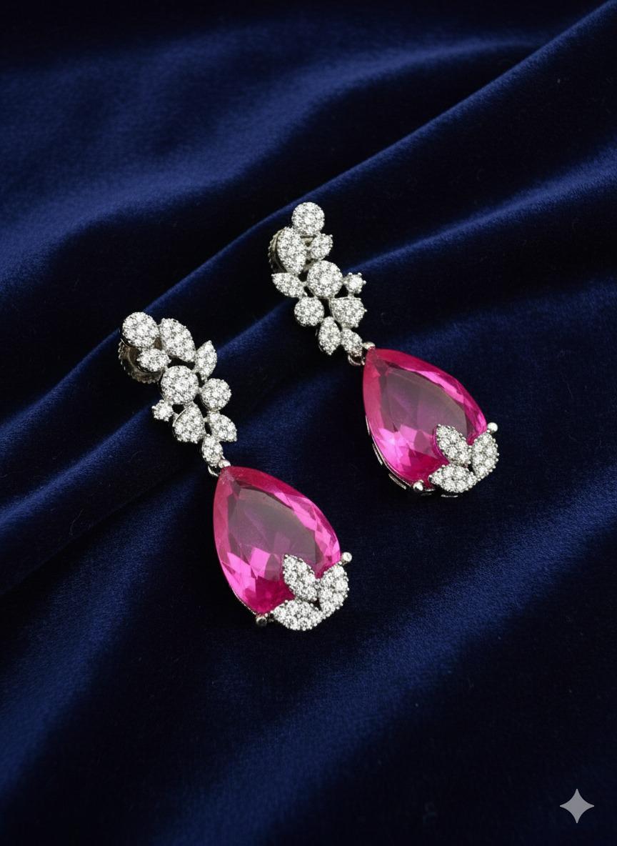 Pink Pear Cut CZ Earrings with Diamond Accent - Elegant Jewelry