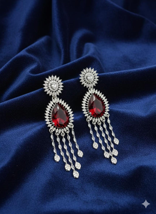 Luxury Ad Ruby Red Dangle Earrings with Sparkling Diamond Accents.