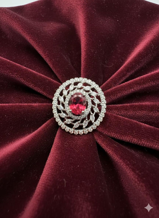Ruby AD Stone Silver Ring with Diamond Accents Rhodium plated - Elegant cocktail ring