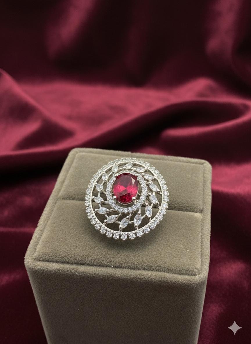 Ruby AD Stone Silver Ring with Diamond Accents Rhodium plated  - Elegant cocktail ring