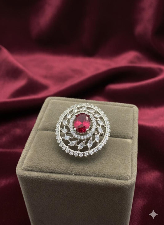 Ruby AD Stone Silver Ring with Diamond Accents Rhodium plated - Elegant cocktail ring
