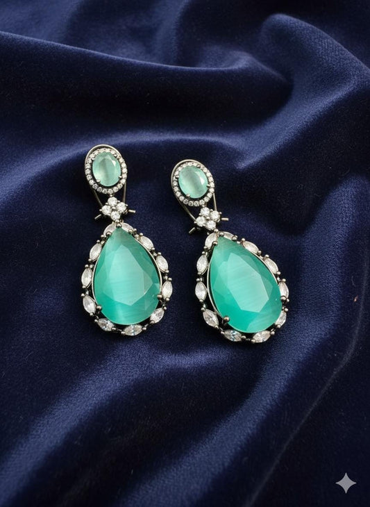 Teal Cz/Ad stone Earrings India | Diamond Accents | Elegant Evening Wear