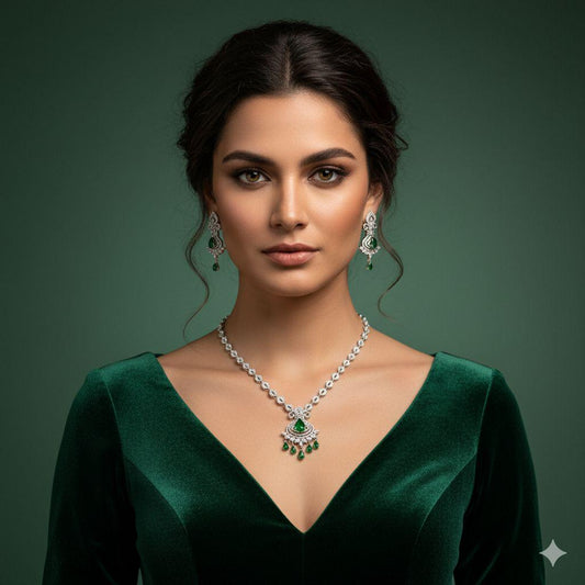 Silver Emerald Green Necklace Set | Indian ad Jewelry | Bridal Wedding Necklace with Earrings