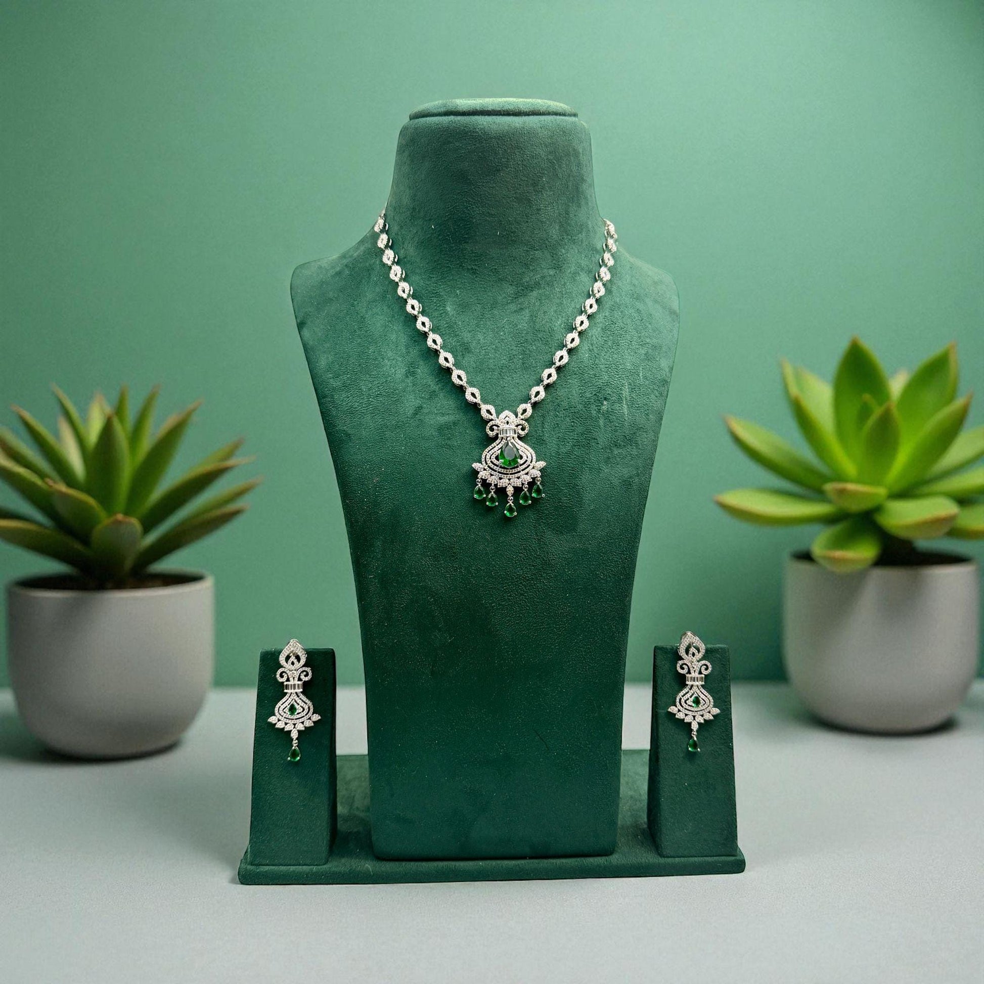 Silver Emerald Green Necklace Set | Indian ad Jewelry | Bridal Wedding Necklace with Earrings