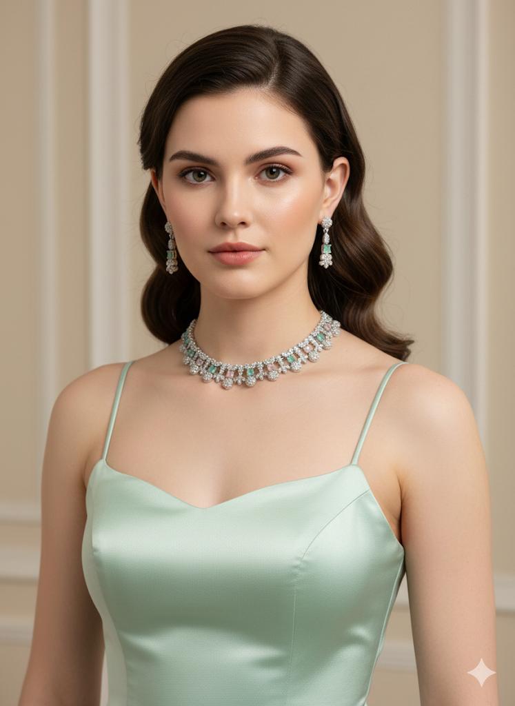 Mint Green Cz Stone Necklace Set | Luxury Bridal Jewelry | Elegant Silver Plated Necklace with Earrings